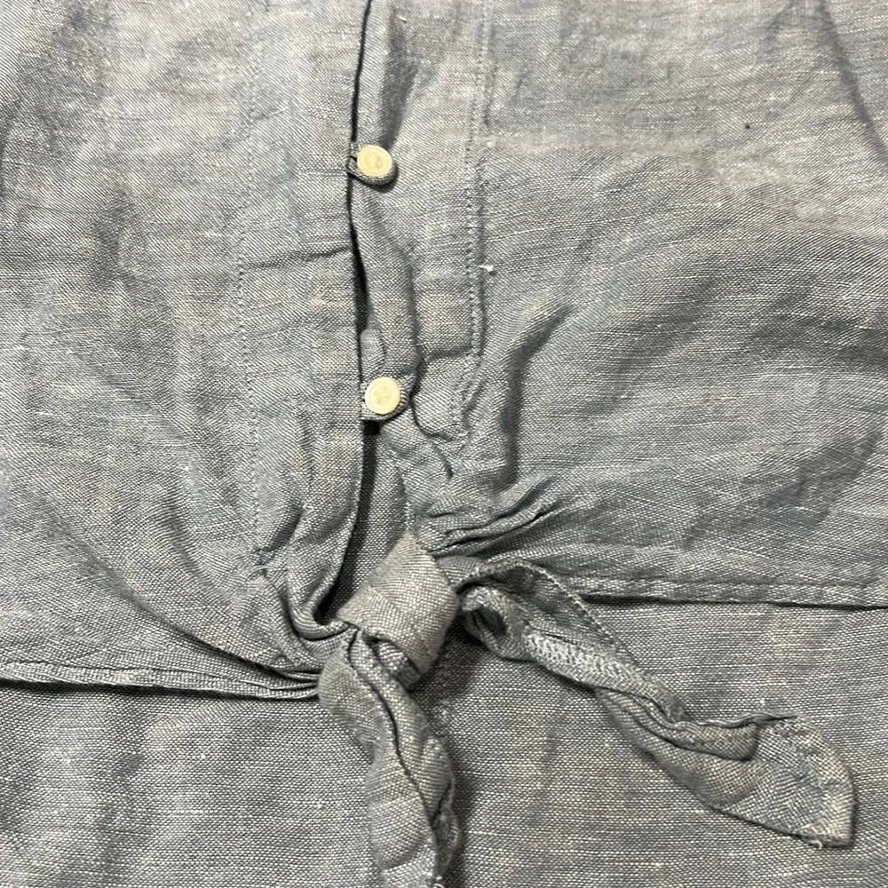 EDDIE BAUER Womans Blue Short Sleeve Tie Waist Linen Blend Shirt Top - Image 2