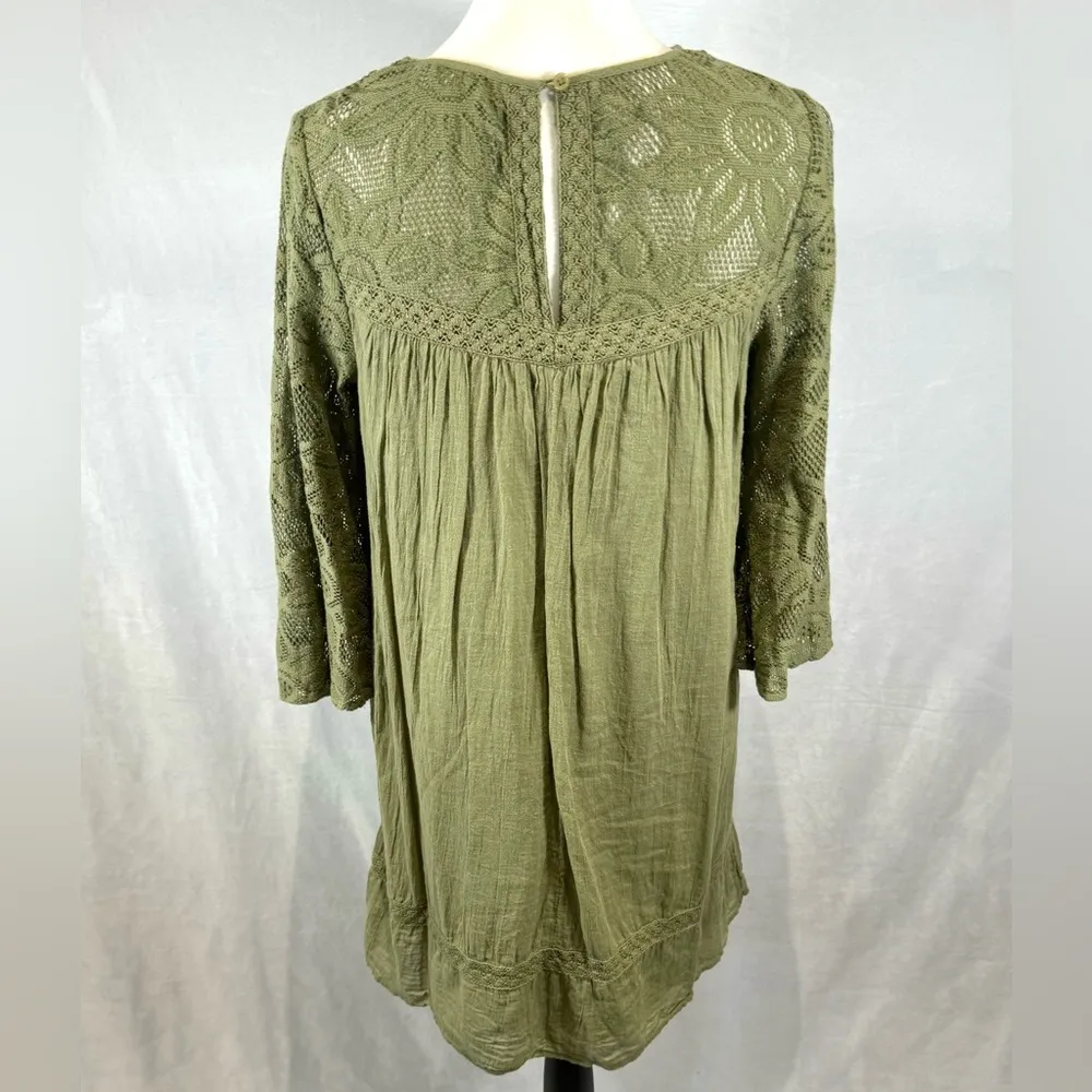 olive green 100% cotton peasant dress with lace size XS - Image 3