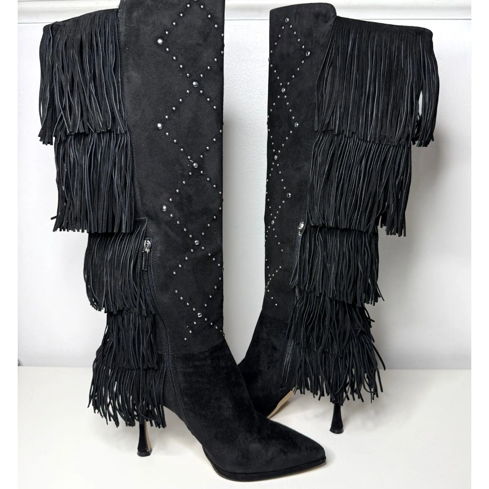 New Vince Camuto Womens Panaryaz Studded Fringe Black Dress Tall Boots Sz 9 - Image 5