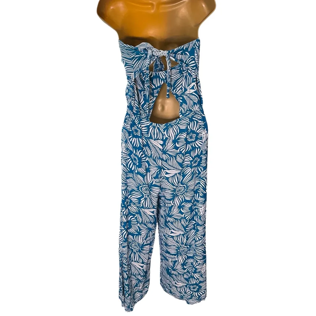 Blue Island Strapless Wide Leg Jumpsuit Tie Back Floral Print Teal/White M - Image 2