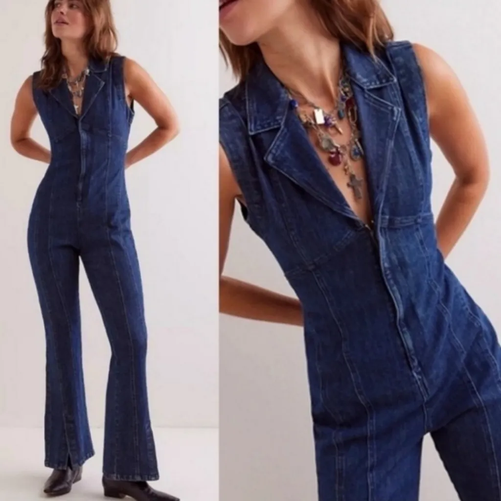 NWT Free People CRVY Ring The Alarm Denim V-Neck Sleeveless Zip Front Flare Sz S - Image 2