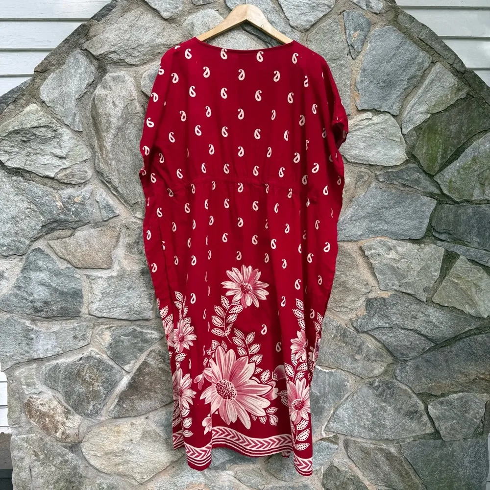 Vintage 90s Cotton Red Paisely & Floral Kaftan Dress - Image 7