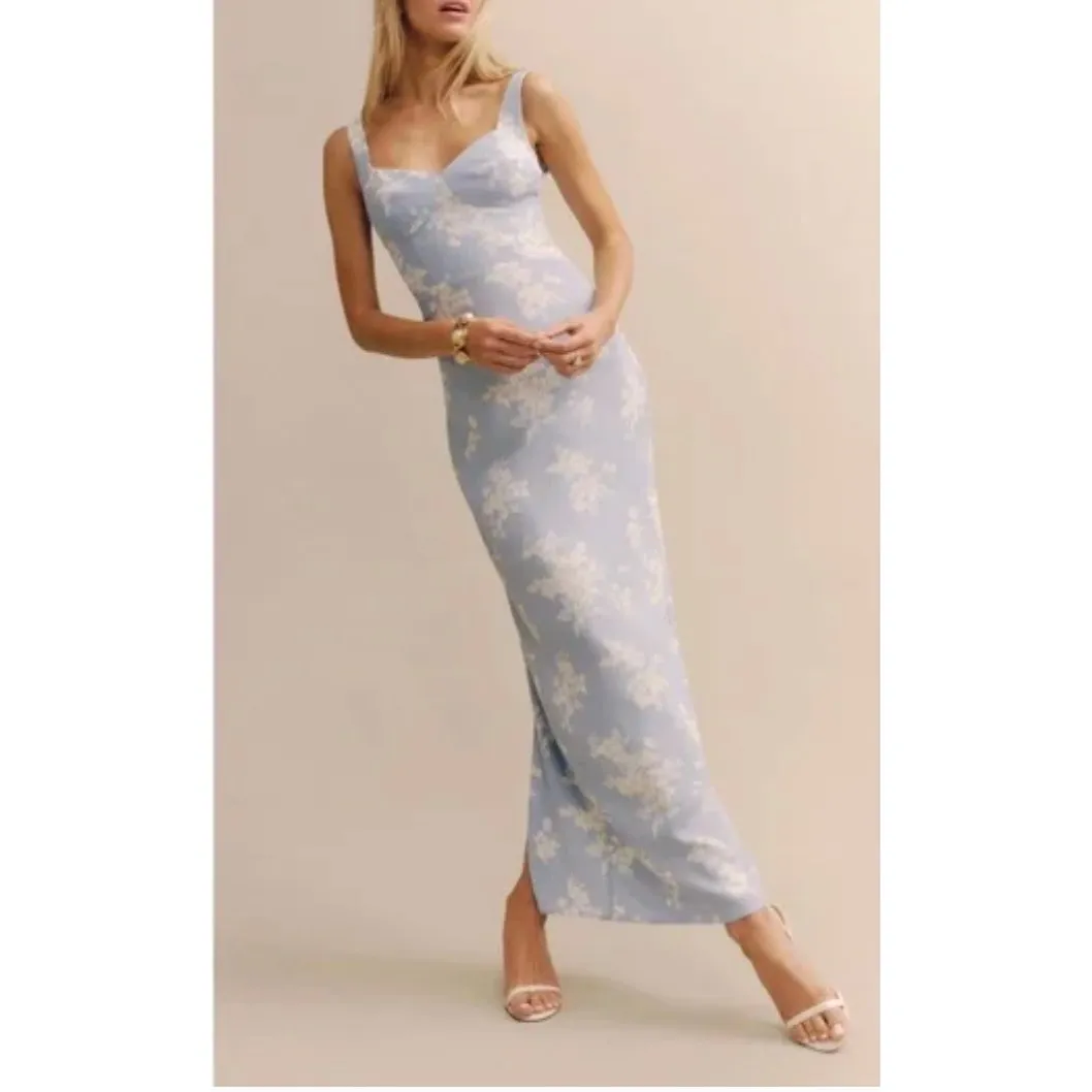 NWT Reformation‎ Reverie Dress Size 0 Bijou Blue Floral Maxi Formal Cocktail - Image 7