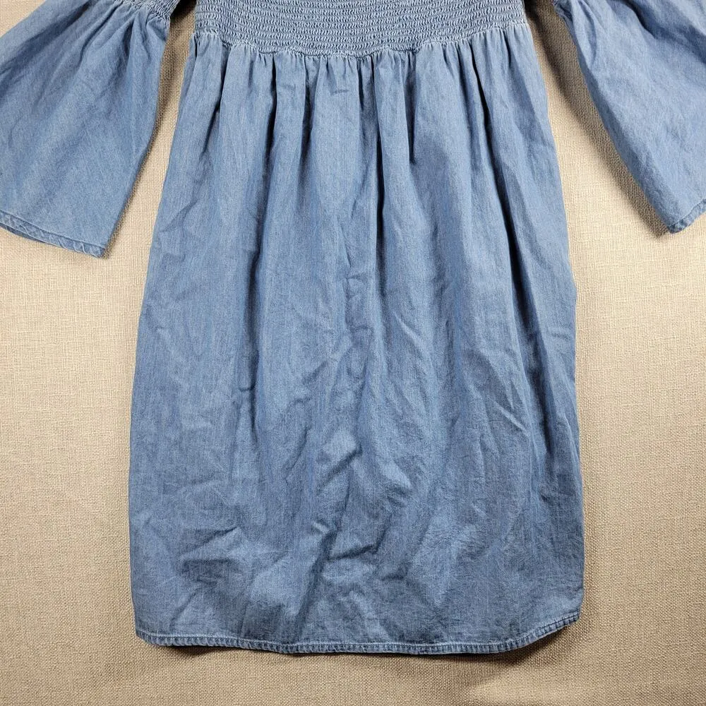 ONLY Blue Denim Womens Hermione Dress Size 42 Off-Shoulder 3/4 Sleeve Smocked - Image 9