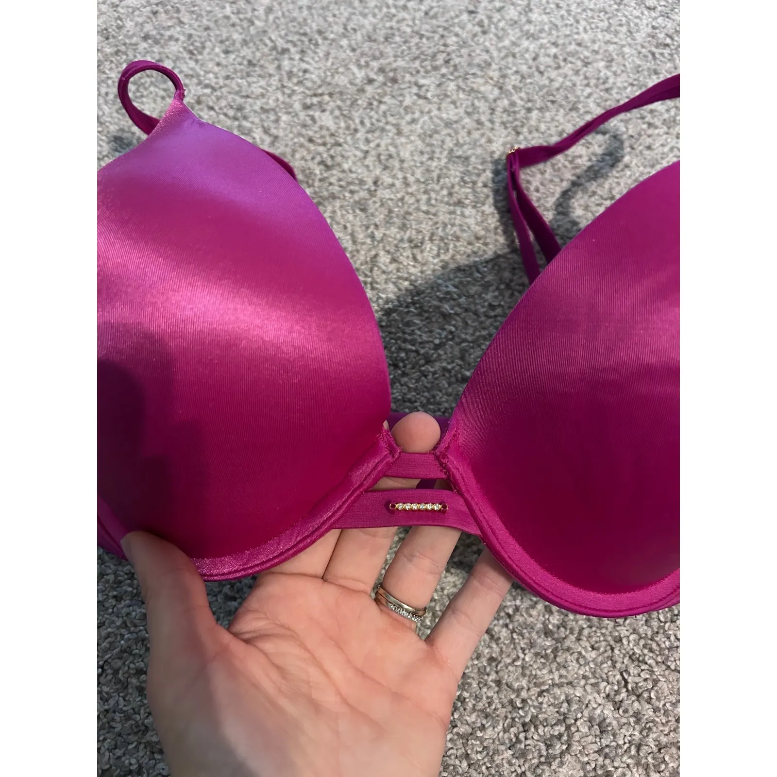 Victoria's Secret Pink Satin Plunge Push Up Bra Rhinestone Detail Size 36D - Image 2