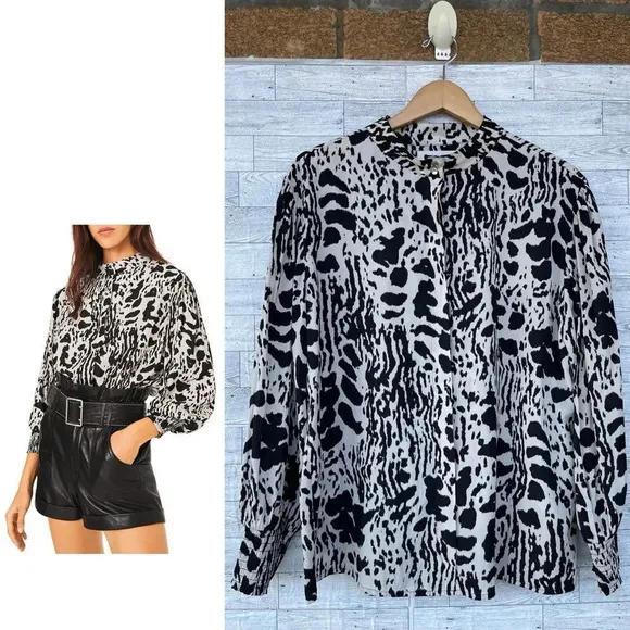 BA&SH Opus Animal Print Blouse in black and ecru size L /8 - Image 2