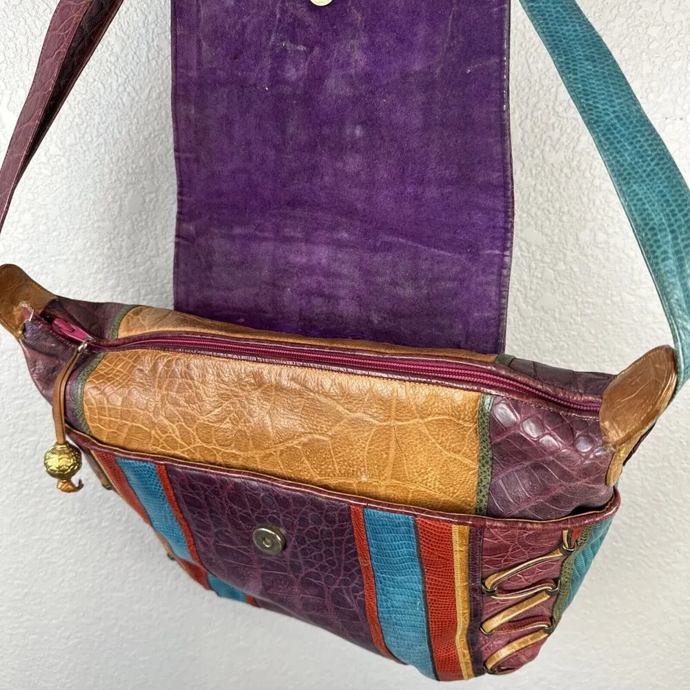 Vintage Sharif Crossbody Flap Bag Rainbow Snake Lizard Leather Colorful Tassel - Image 8