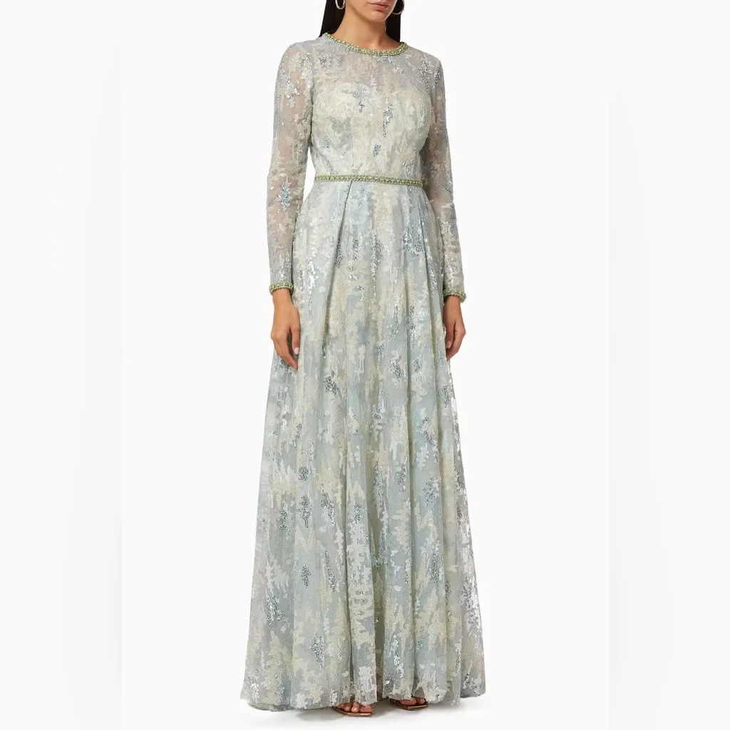 NWT Mac Duggal Long Sleeve Embellished Mesh Gown in Platinum 12460 Sz 8 Wedding - Image 4