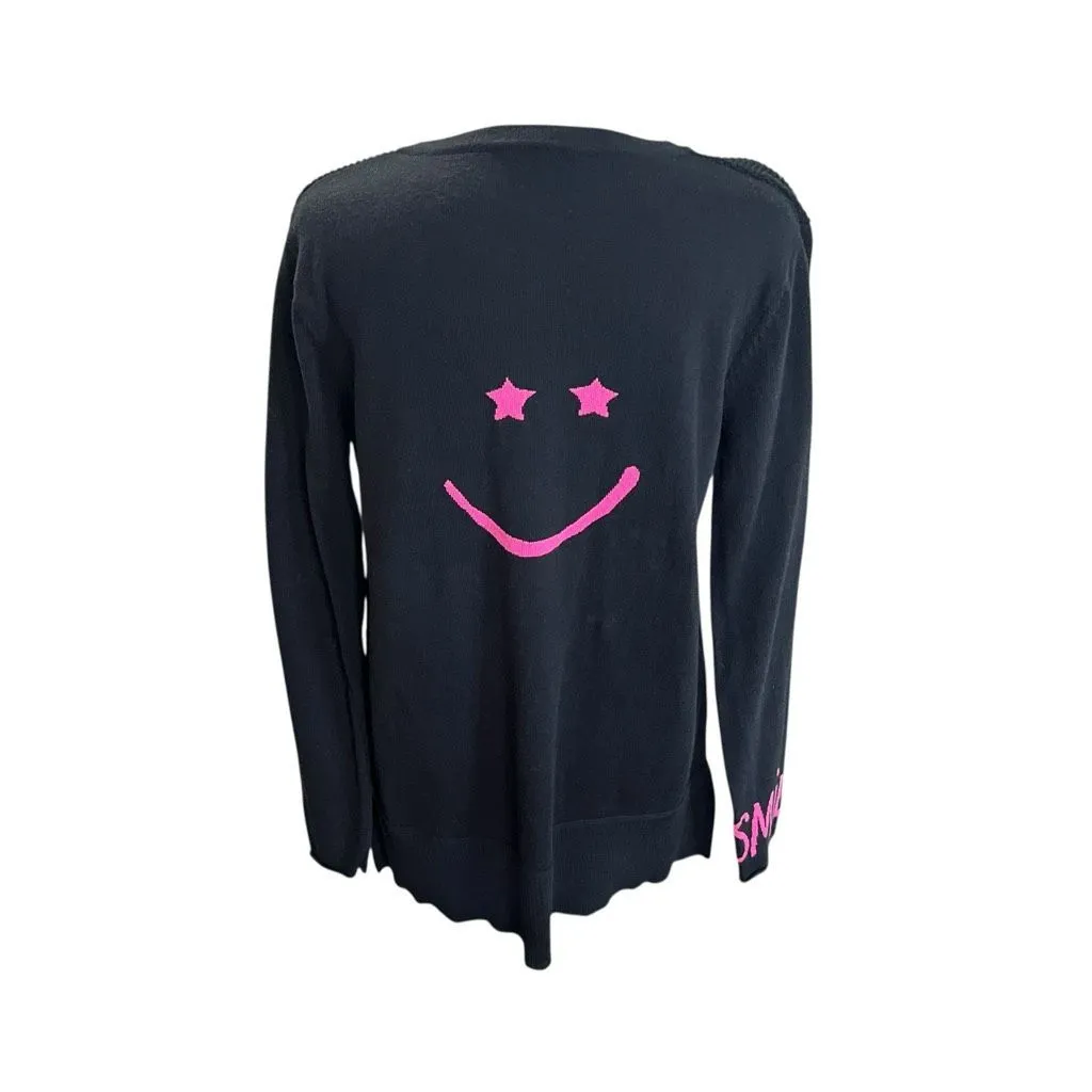 Lisa Todd Black Waffle Knit Henley Sweater Pink Smiley Cashmere Blend Small - Image 6