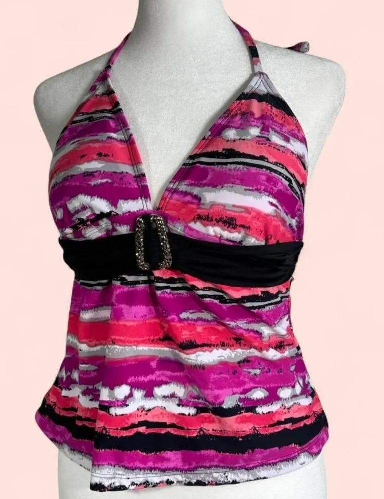 Vintage Y2K Pink/Black Belted Swimsuit Halter Top Bathing Suit Padded Pink Size 8 - Image 1