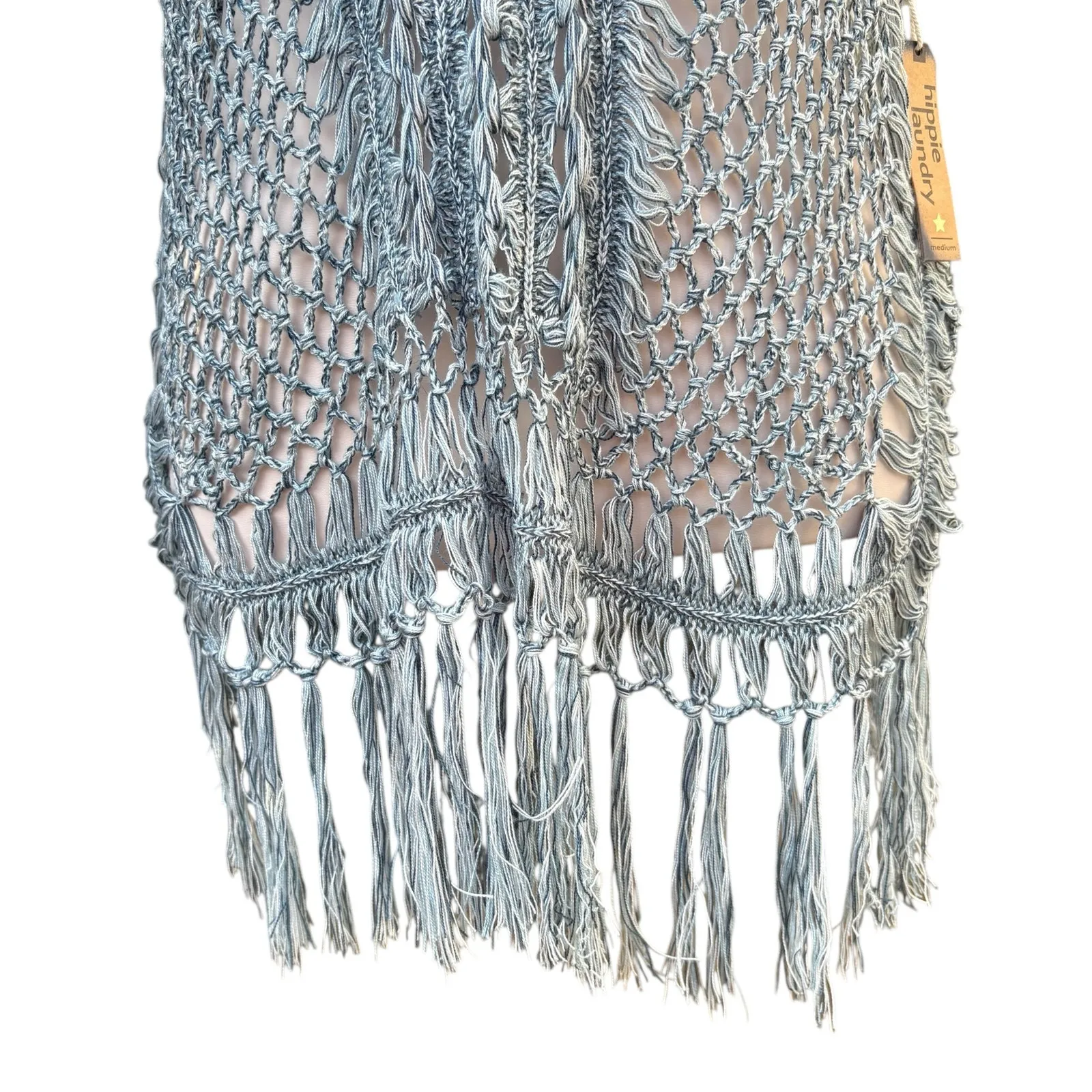 Hippie Laundry Knit Pulliver Sweater Med Blue Open Weave Fringe Boho Coastal NWT - Image 3