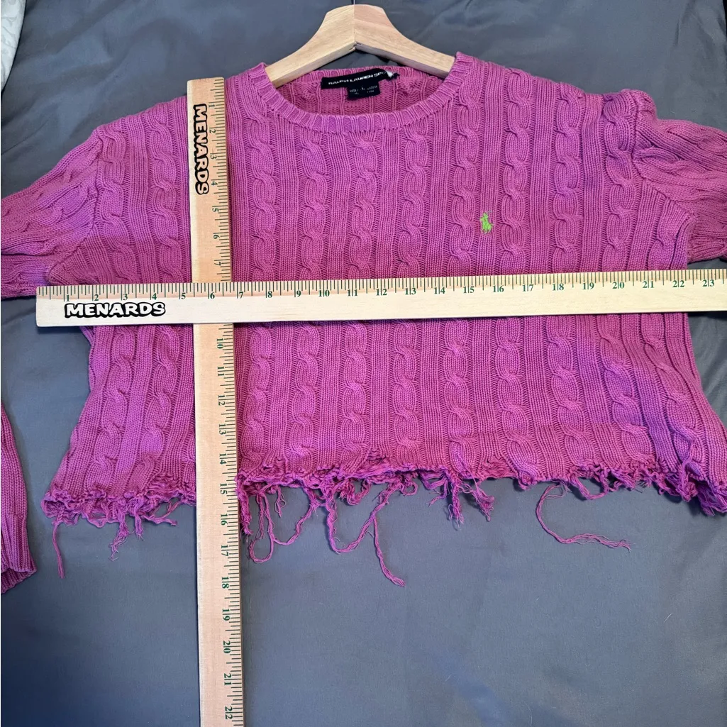 Ralph Lauren‎ Sport Hand distressed & cropped pink/purple sweater size large Purple - Image 5