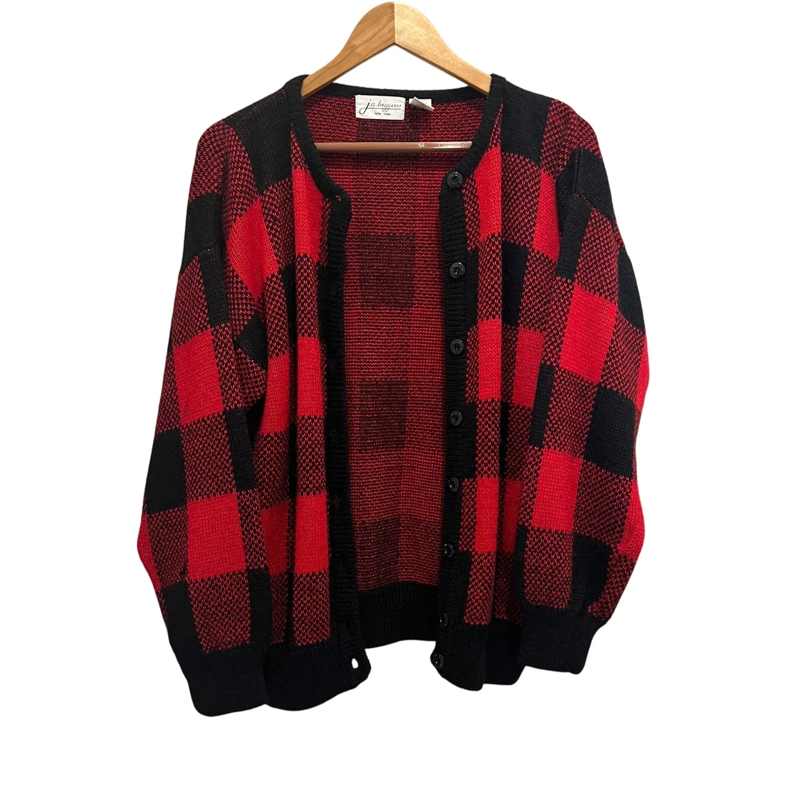 VTG HIGGINS Women's Large Red Black Buffalo Plaid Sweater Cardigan Retro - Image 2