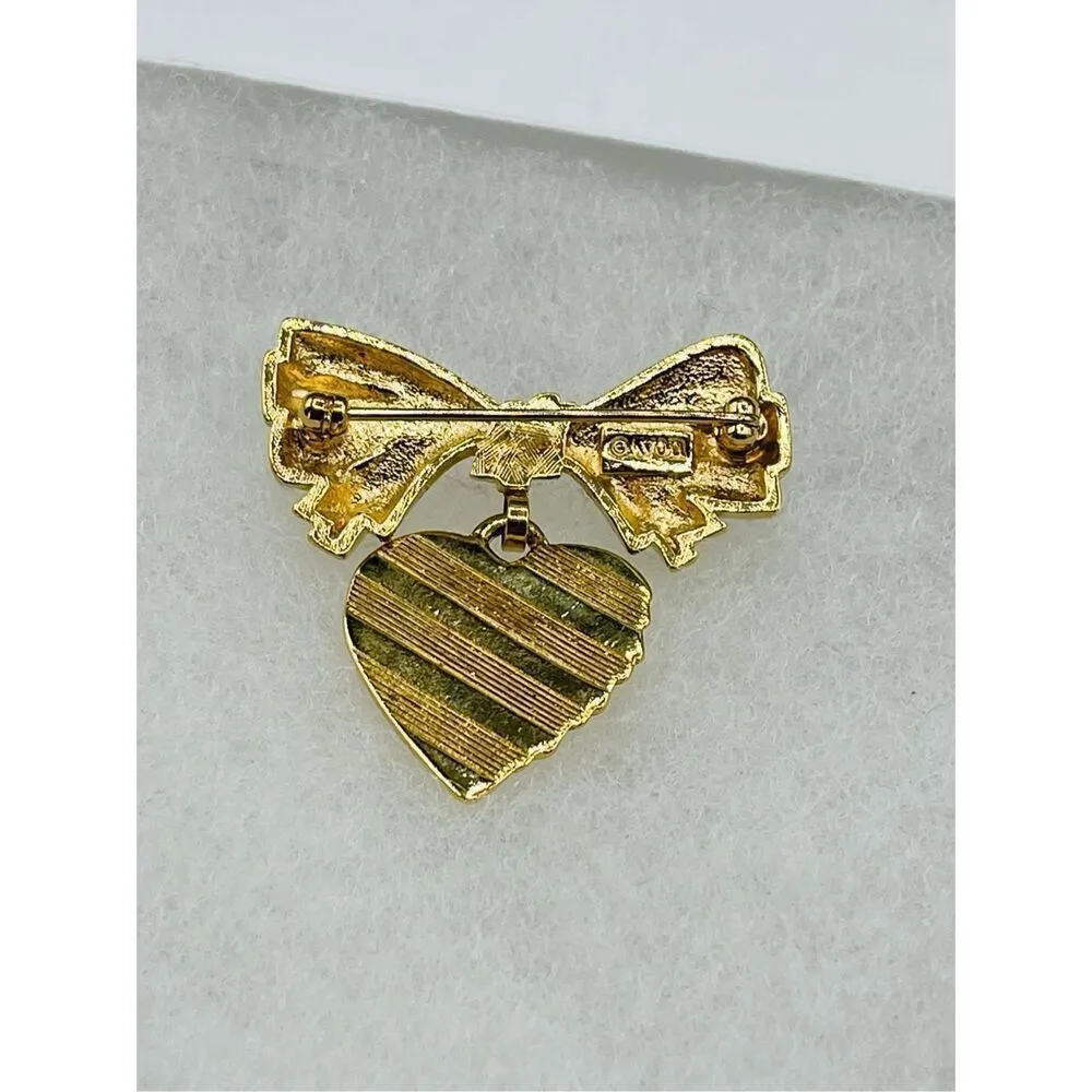 Bow and dangle heart brooch 1980’s Avon Gold - Image 3