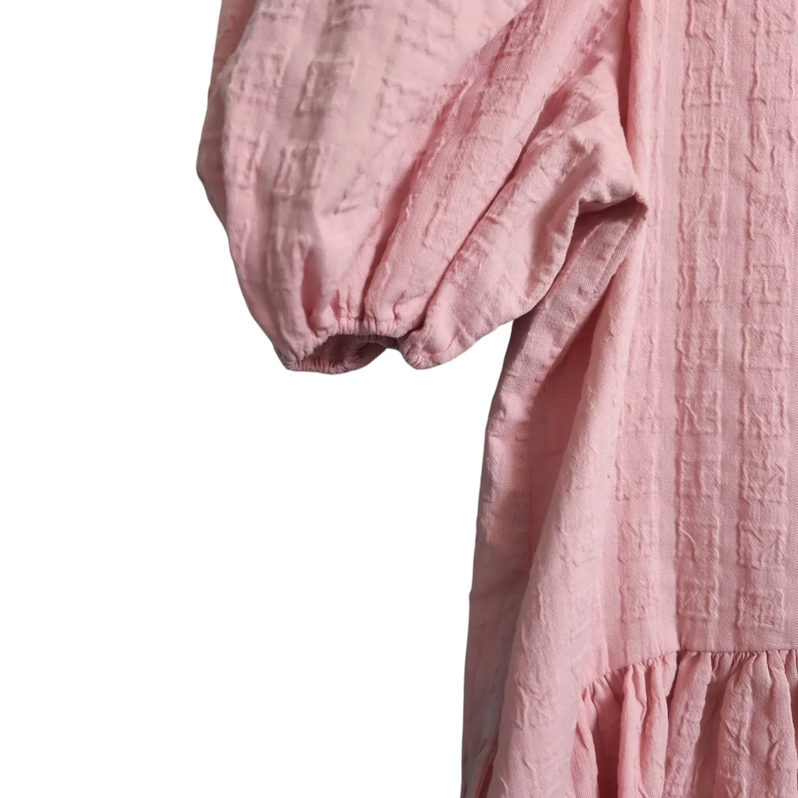 English Factory Penelope Mini Dress Pink Puff Sleeve Tie Back Textured Size S - Image 7