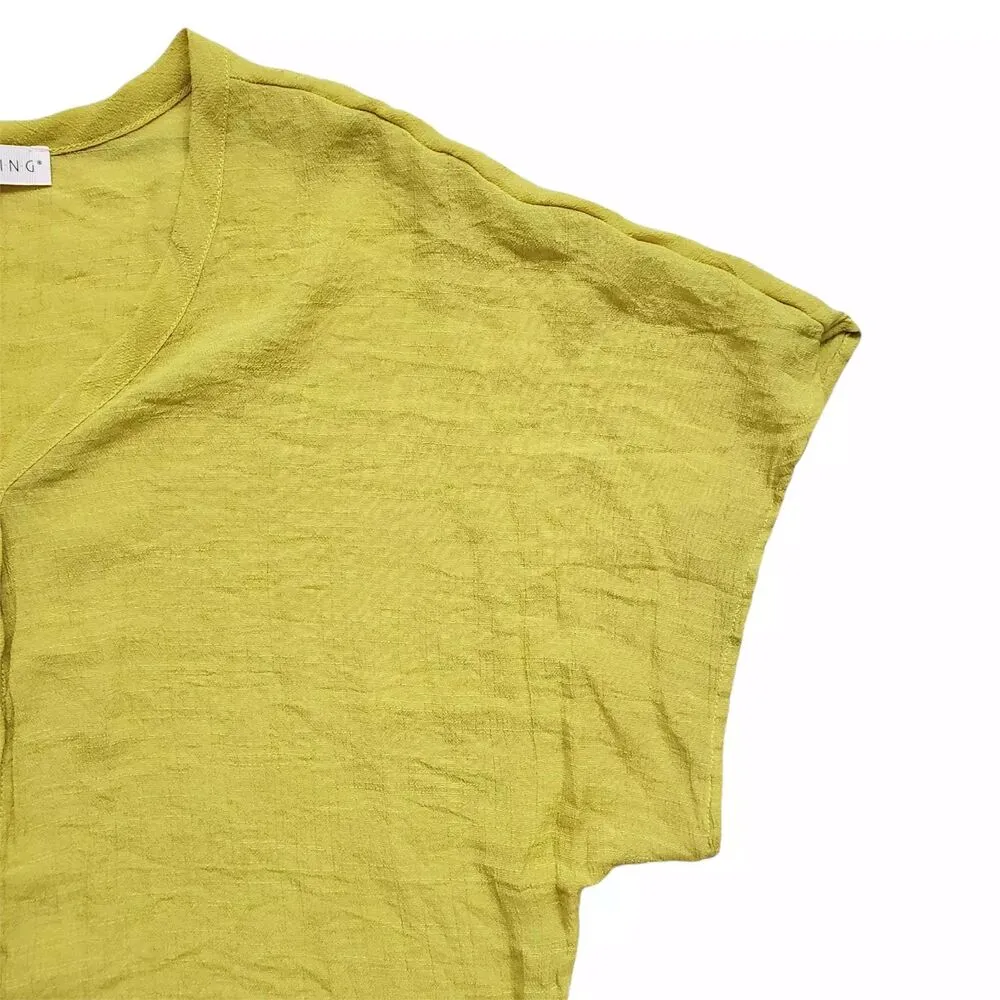 Timing Blouse Womens Large Yellow Wide Short Sleeve Button Down Tie Front Boho - Image 3