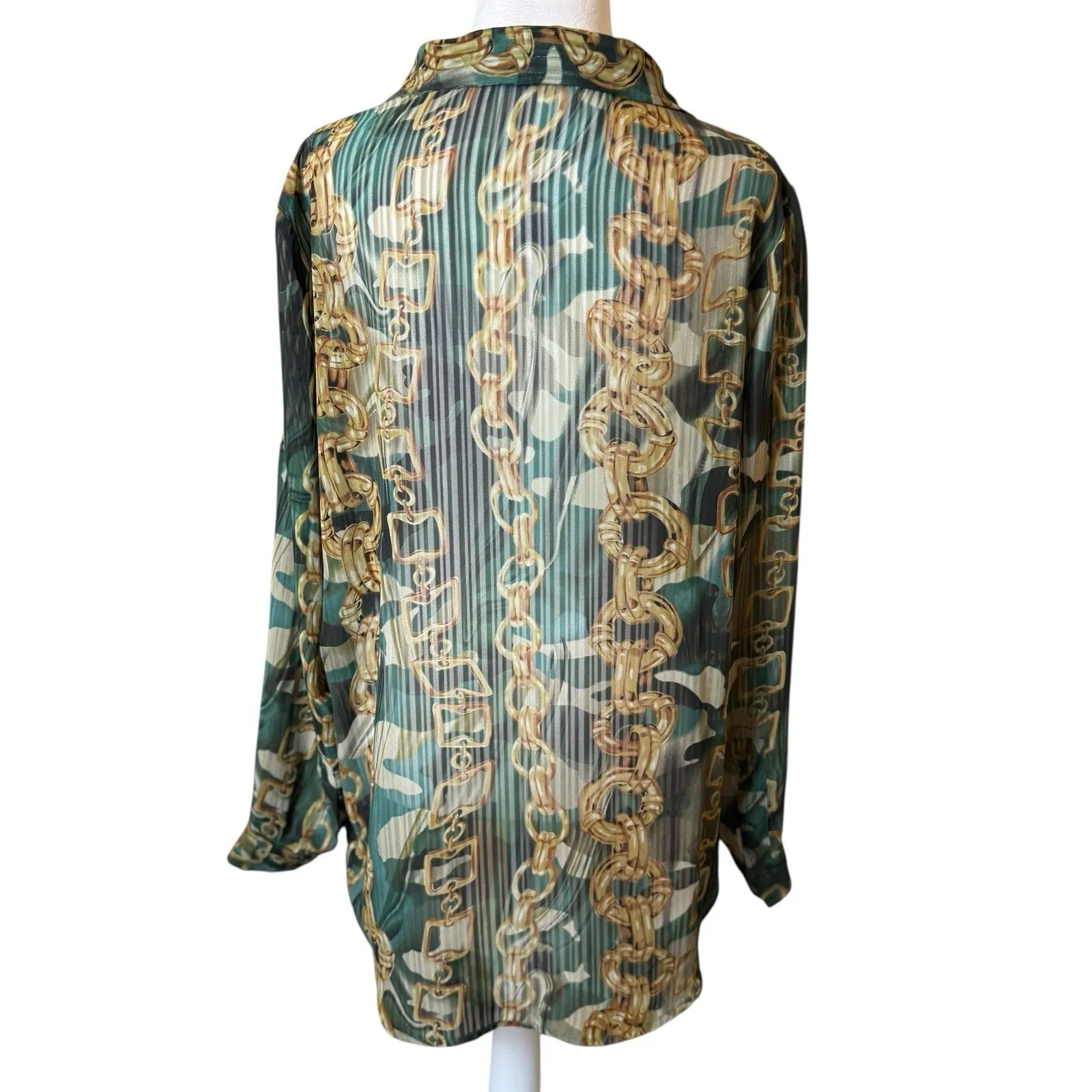 Susan Graver Green Gold Equestrian Sheer Blouse Size Large Chain Old Money Horse - Image 4