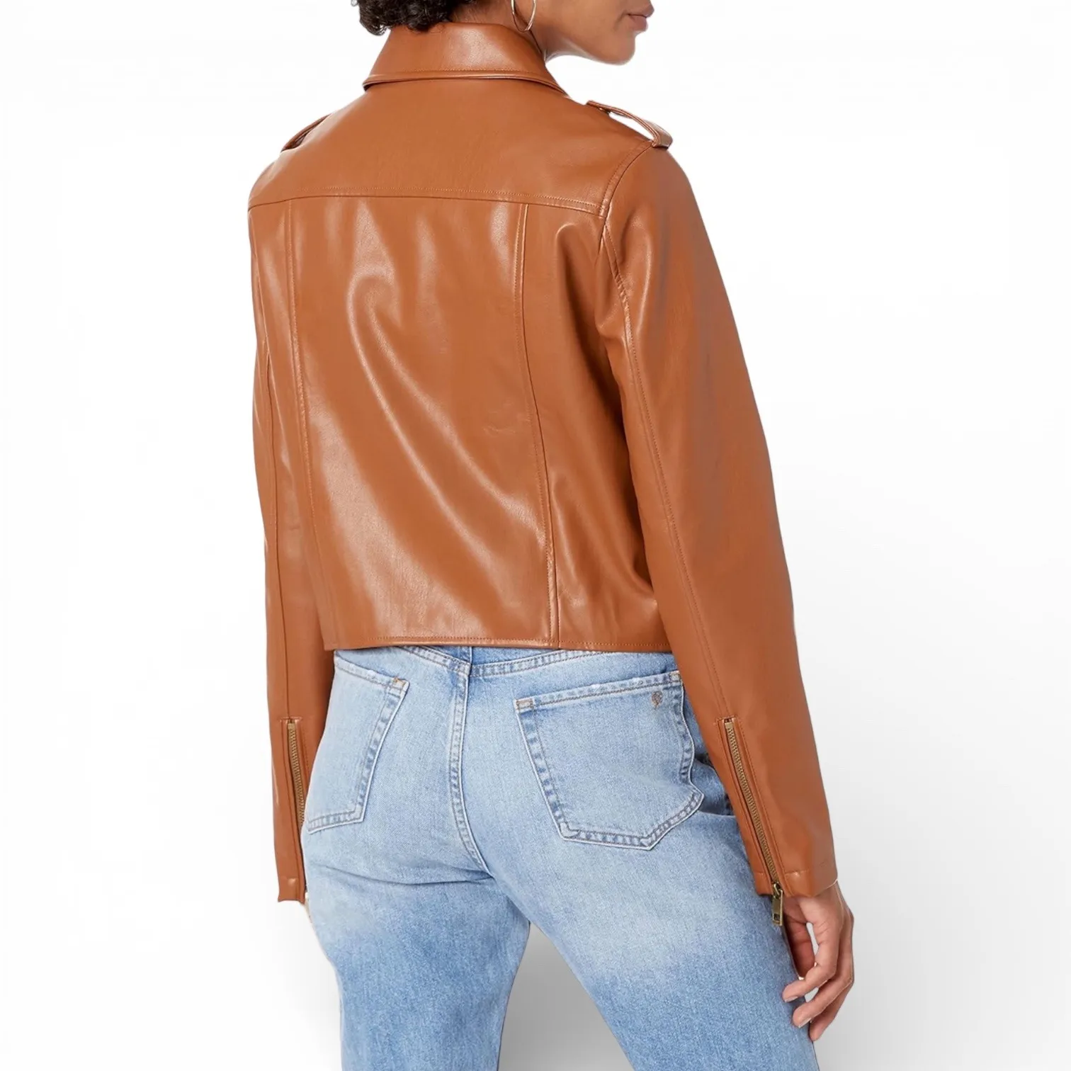 The Drop Heather Moto Jacket Cognac Faux Leather Zip Womens Size L Brown Size L - Image 2