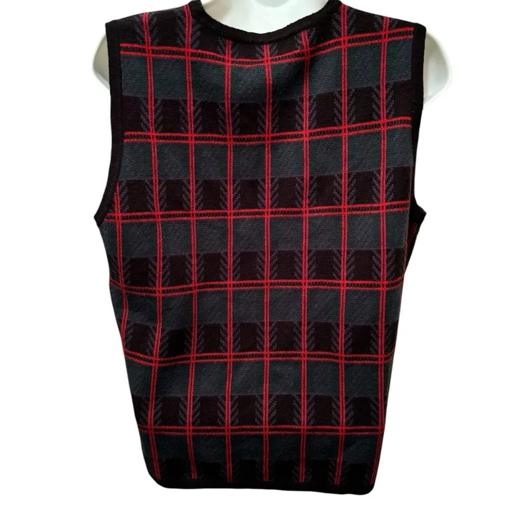 VTG Button Up Plaid Sweater Vest Sz M Gold Buttons Green Red Black Crystal Kobe Multiple - Image 4