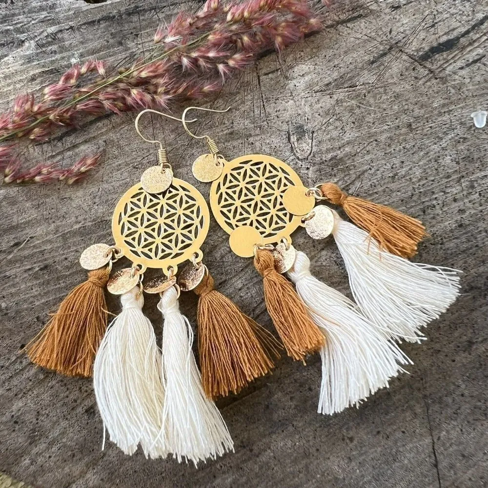 Tassel Boho dangle Earrings Bohemian m Hollow tan beige gold womens jewelry NEW - Image 4