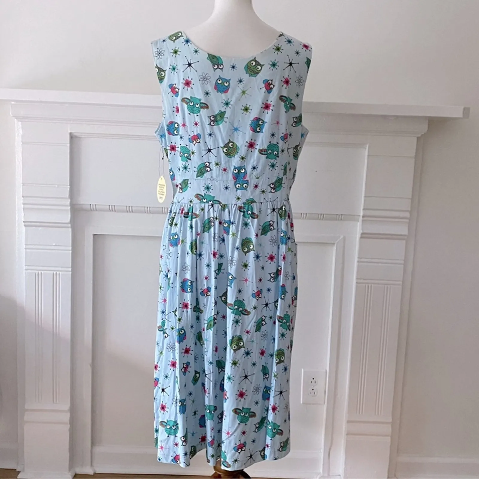 Lindy Bop UK Retro Dress 14 Plus 50s Pinup Cotton Stretch RARE Atomic Owls 40s Blue - Image 8