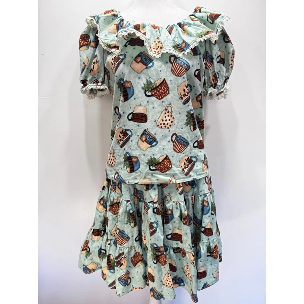 Vintage Handmade Skirt and Shirt Set Whimsical Teacups Polka Dots Ruffles Lace Green Size M - Image 2