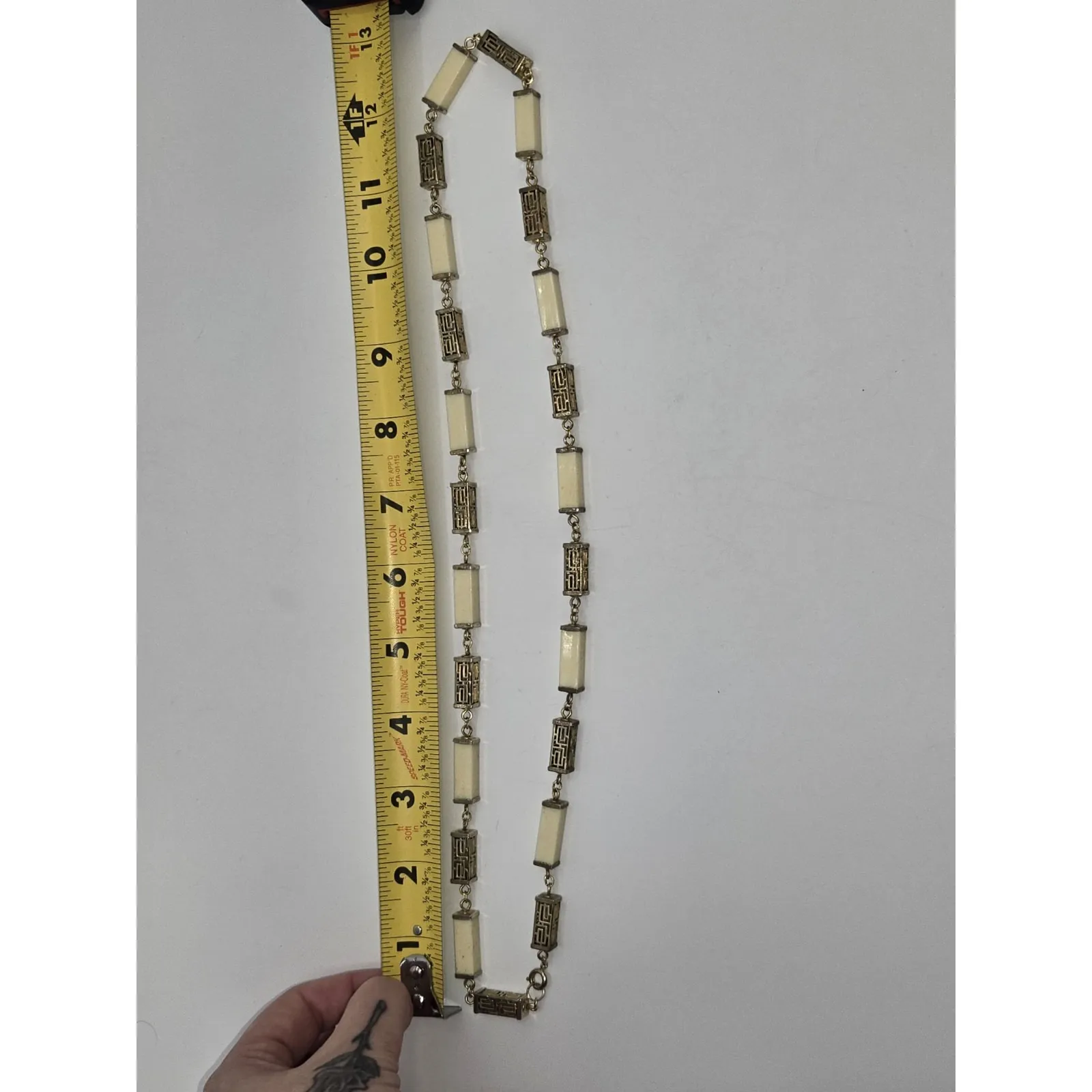 Vintage Gold Tone Faux Ivory Panel Greek Key Link Necklace 13" - Image 7