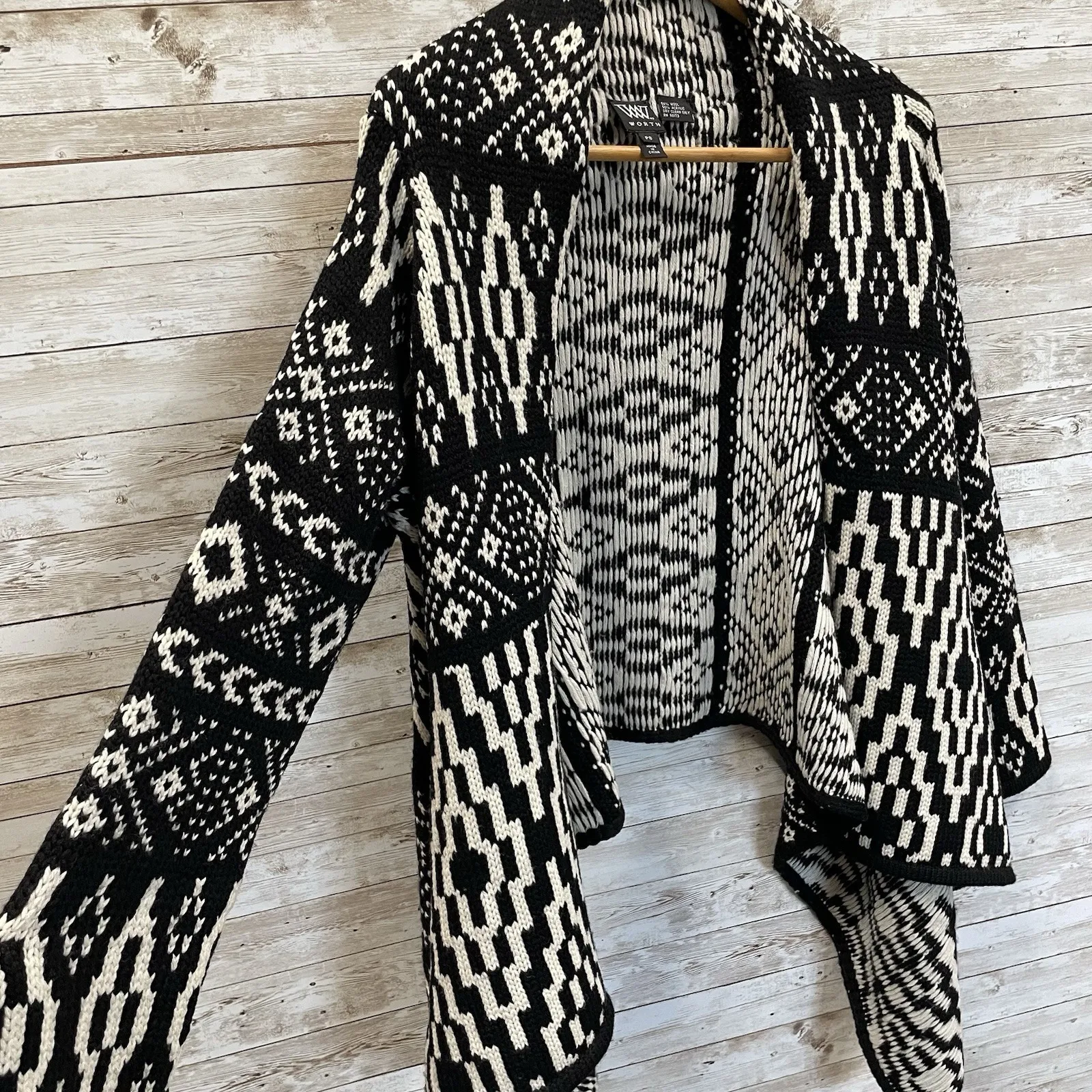 W by Worth Womens PS Cardigan Sweater Wool Blend Open Front Aztec Black & White Size undefined - Image 3