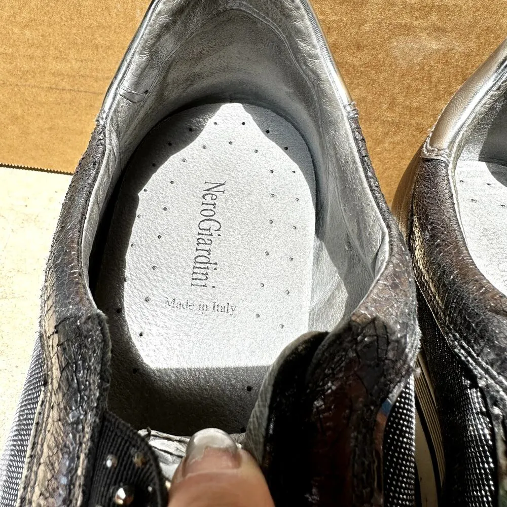 Nero Giardini Rhinestone Leather Sneakers Casual Fashion Pull On Black 41 10.5 - Image 2