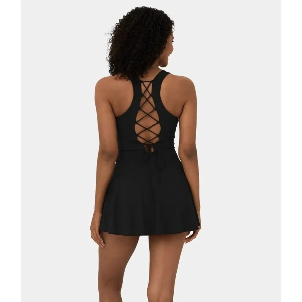 Halara Cloudful Air V Neck Crisscross Lace Up 2-Piece Pocket Mini Dress Black XL - Image 2