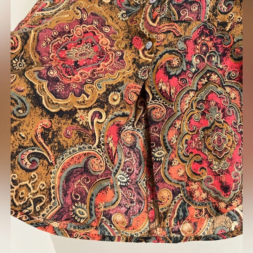 Vintage 70’s floral brown paisley retro wide sleeve button front shirt - Image 8