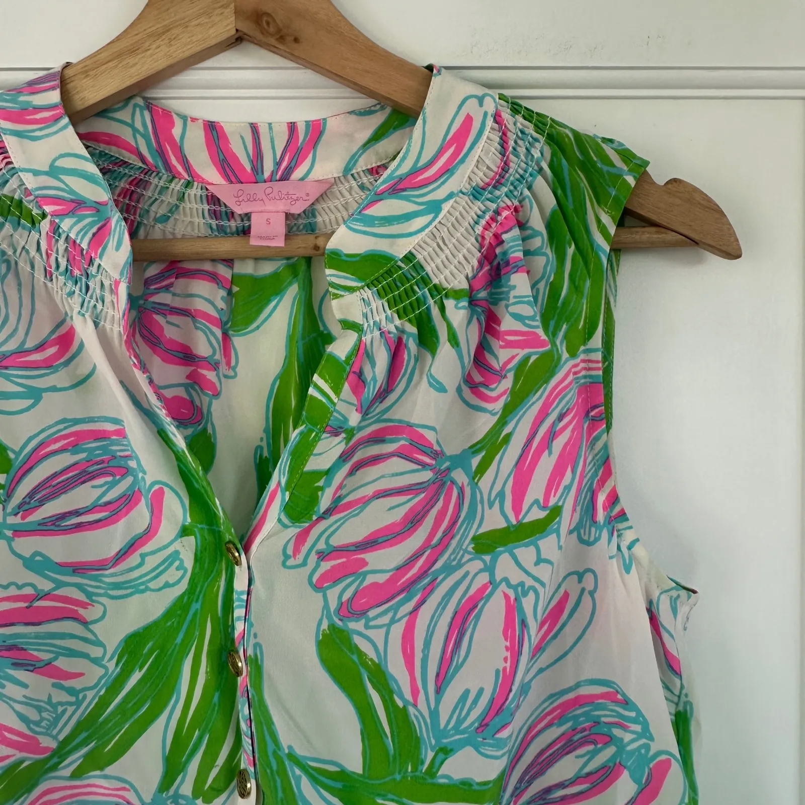 Lilly Pulitzer Houston Top Ring the Bellboy Silk Sleevless Tulips Pink Green S‎ - Image 8
