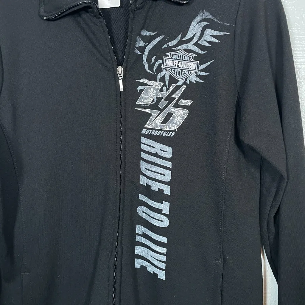 Harley Davidson Women L Black Graphic Print Full Zip Sweatshirt Pockets Biker - Image 4