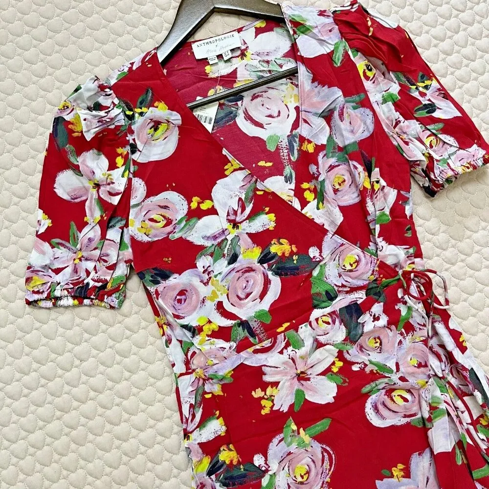NWT Anthropologie Rosalia Red floral Wrap Midi Dress Size 4 - Image 5
