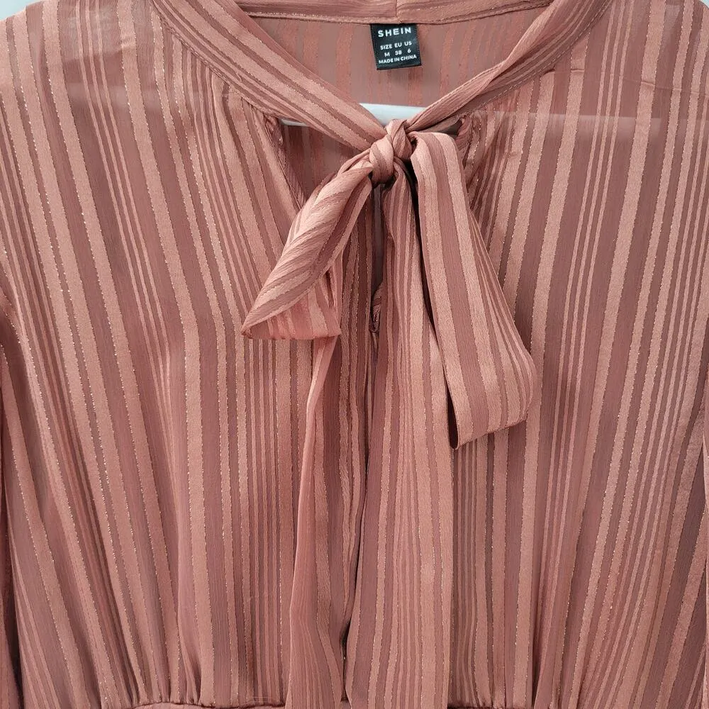 Shein Maxi Dress M Pink Sparkle Stripes Tie Neck Long Puff Sleeve Shirred Waist - Image 15