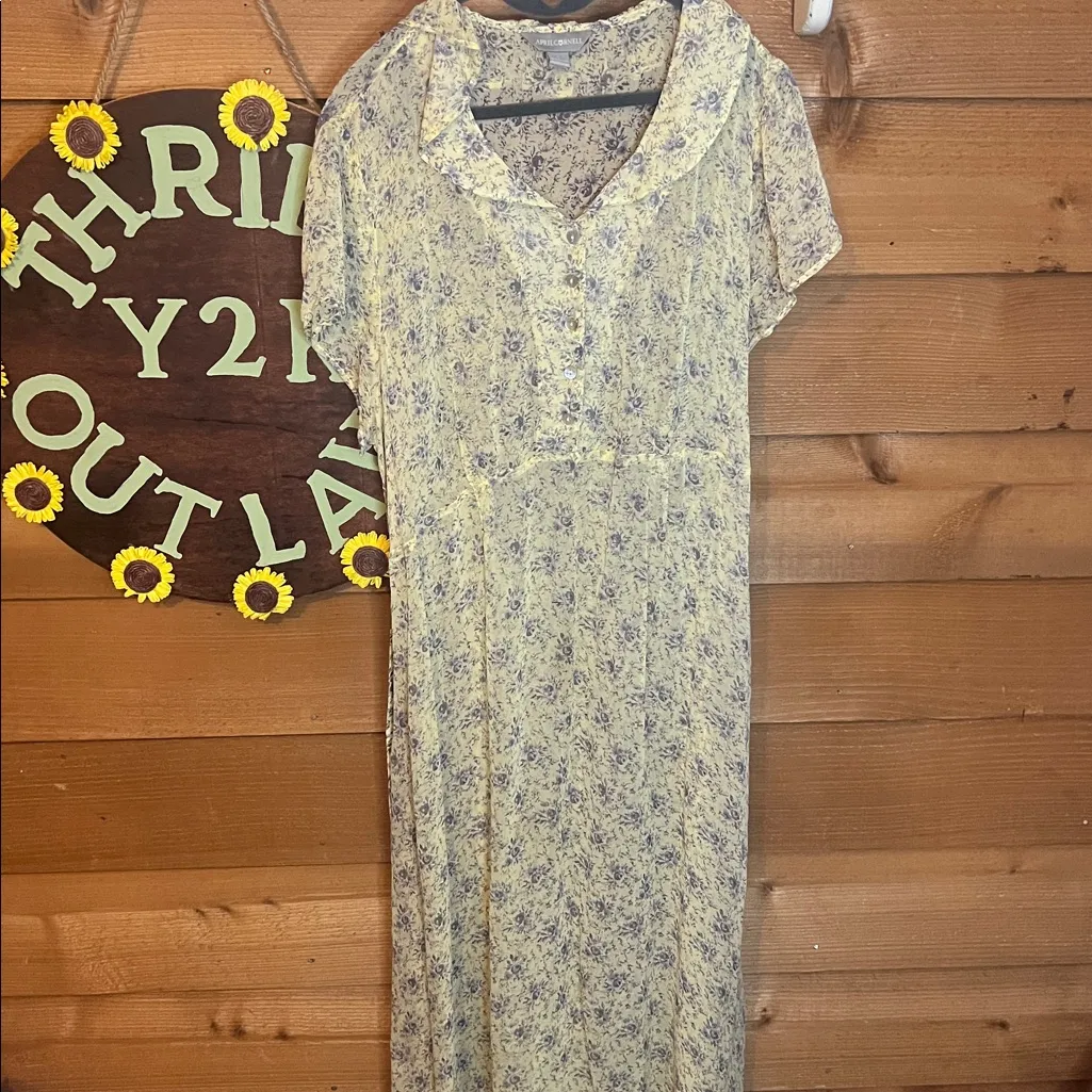 April Cornell Yellow Ditsy Floral Maxi Tea Dress Flutter Collar Button Romantic Purple Size L - Image 3