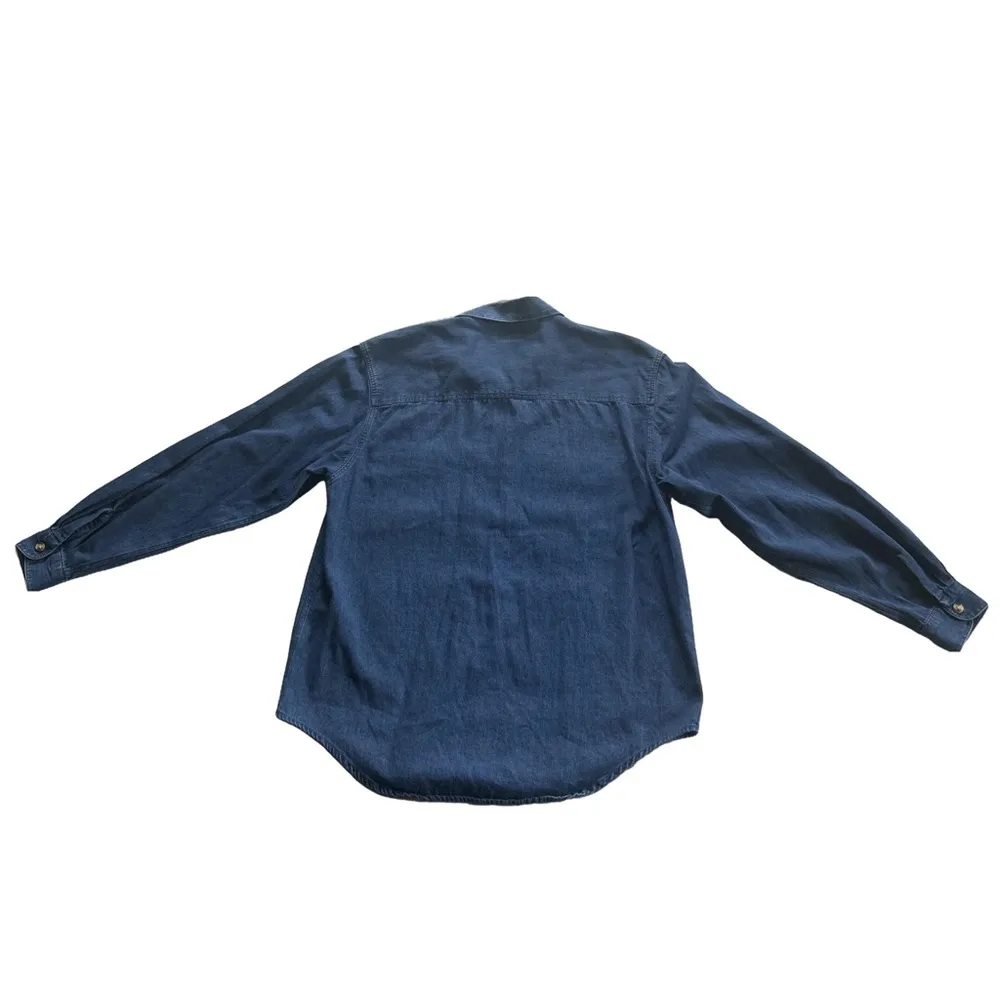 Talbots size M 70s Vintage dark wash denim button down shirt w/ plaid pockets - Image 4