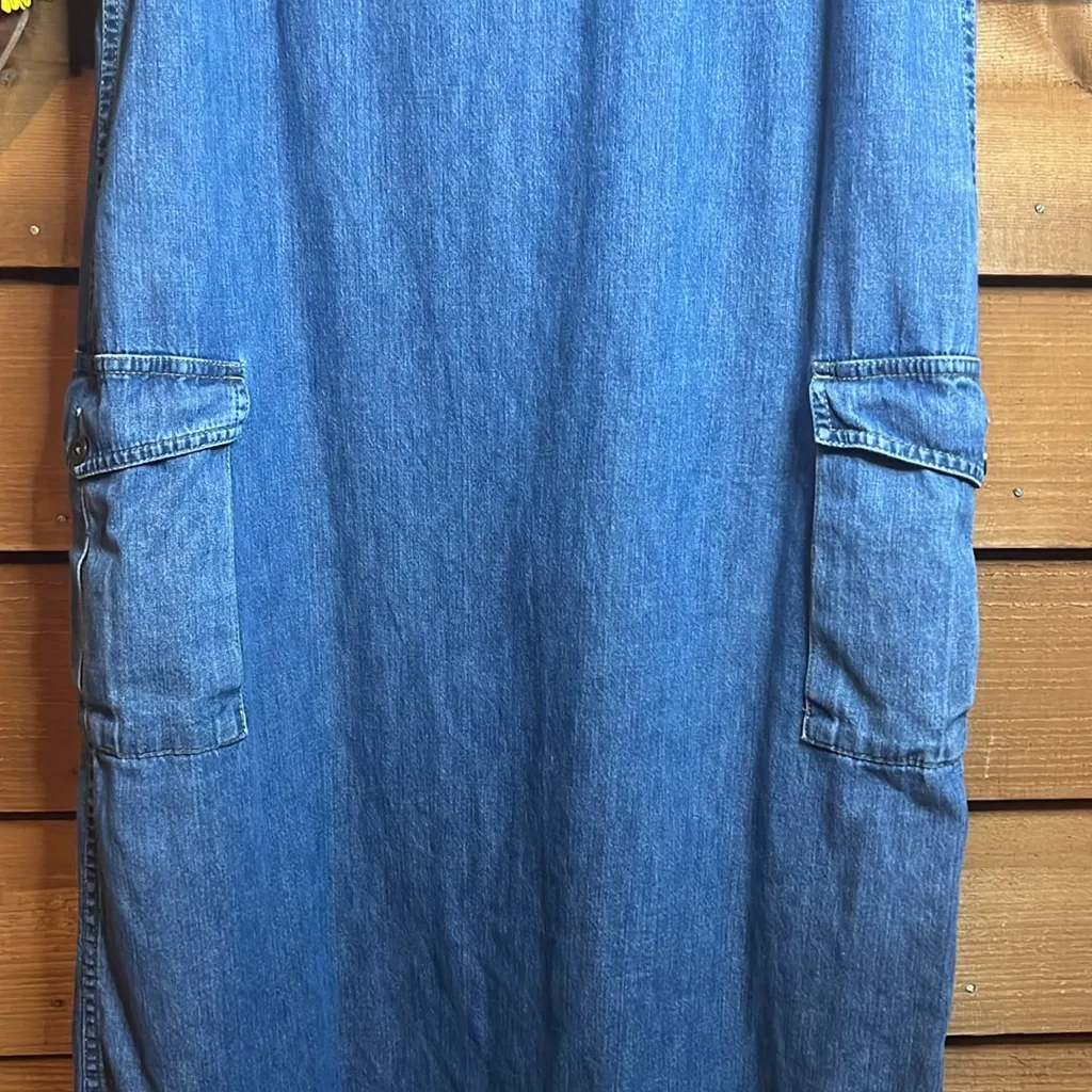 Vintage Liz Claiborne Cargo Pocket Maxi Dress High Neck Sleeveless Denim Jean - Image 5