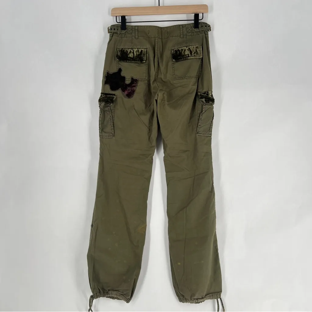 Express Vintage Y2K Olive Cargo Pants Floral Velvet Patch Appliqué Roll Tab 4‎ - Image 7