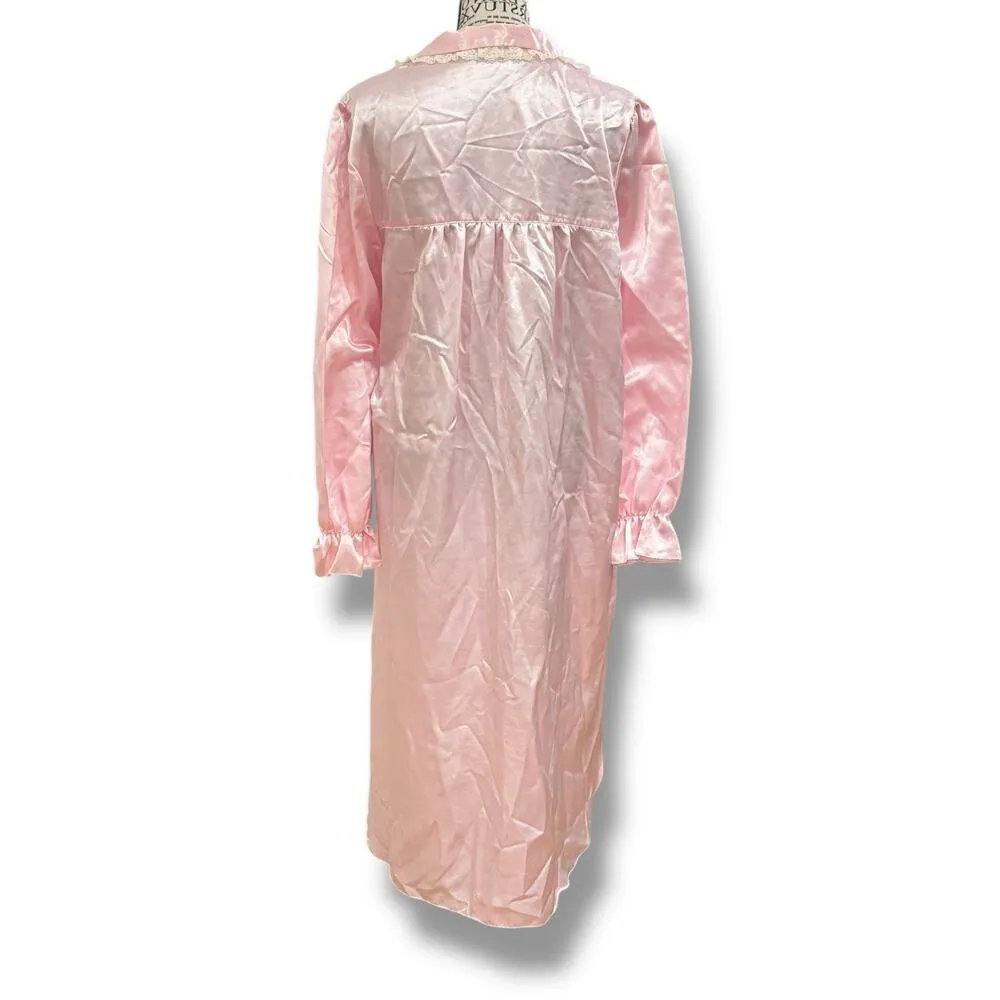 Vintage 80s Jaclyn Smith Size L Pink Satin Lace Trim Long Nightgown - Image 6