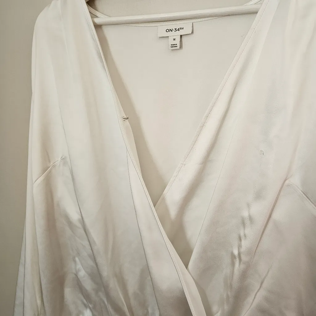 On 34th Bodysuit Chic White Satin Blouse One Piece Long Sleeve V - Image 3