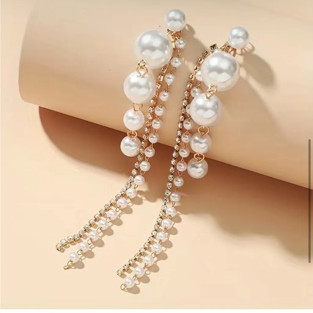 Faux Pearl Shiny Rhinestone Chain Tassel Design Dangle Earrings‎ Elegant White - Image 2