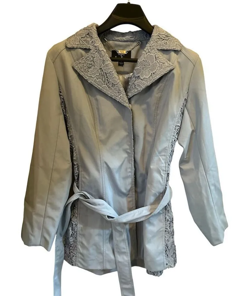 Dennis Basso Women's Gray Lace Trim Belted Water-Resistant Jacket Size M - Image 1