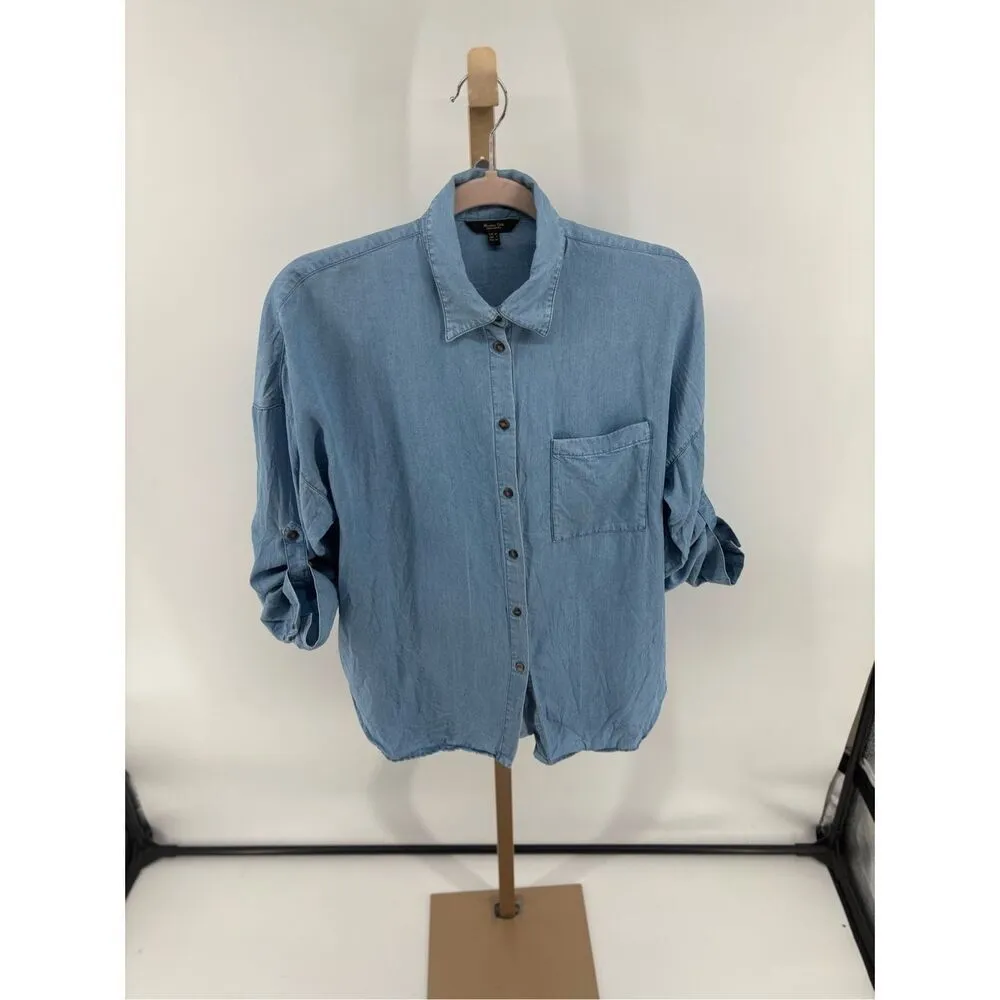 Massimo Dutti Blue Roll Up Sleeve Womens Button Up Shirt Size 2 Model 5185 - Image 8