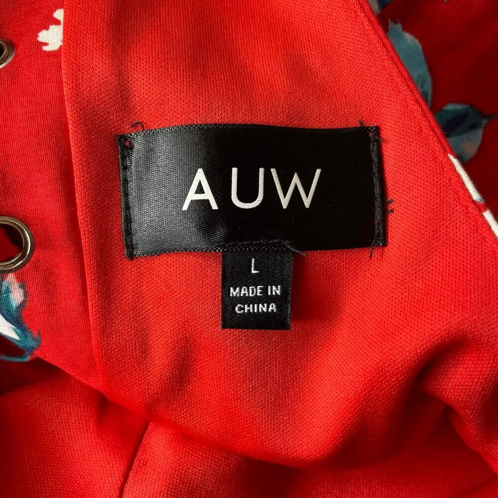 Women’s Red Floral Lace Up Back Sleeveless Midi Dress Cottage Sz Lg - Image 6