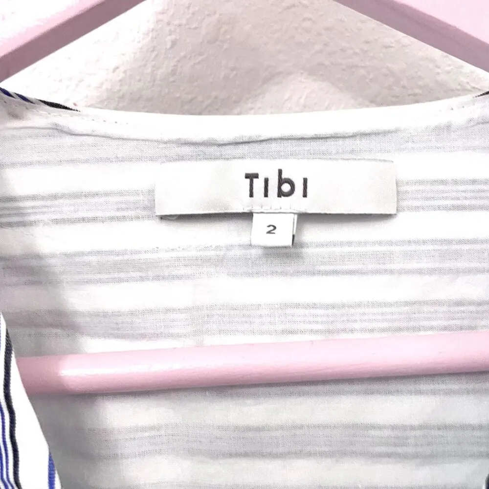 TIBI Liam Blue Stripe V-Neck Long Sleeve Shirt with Tie Sz 2 - Image 3