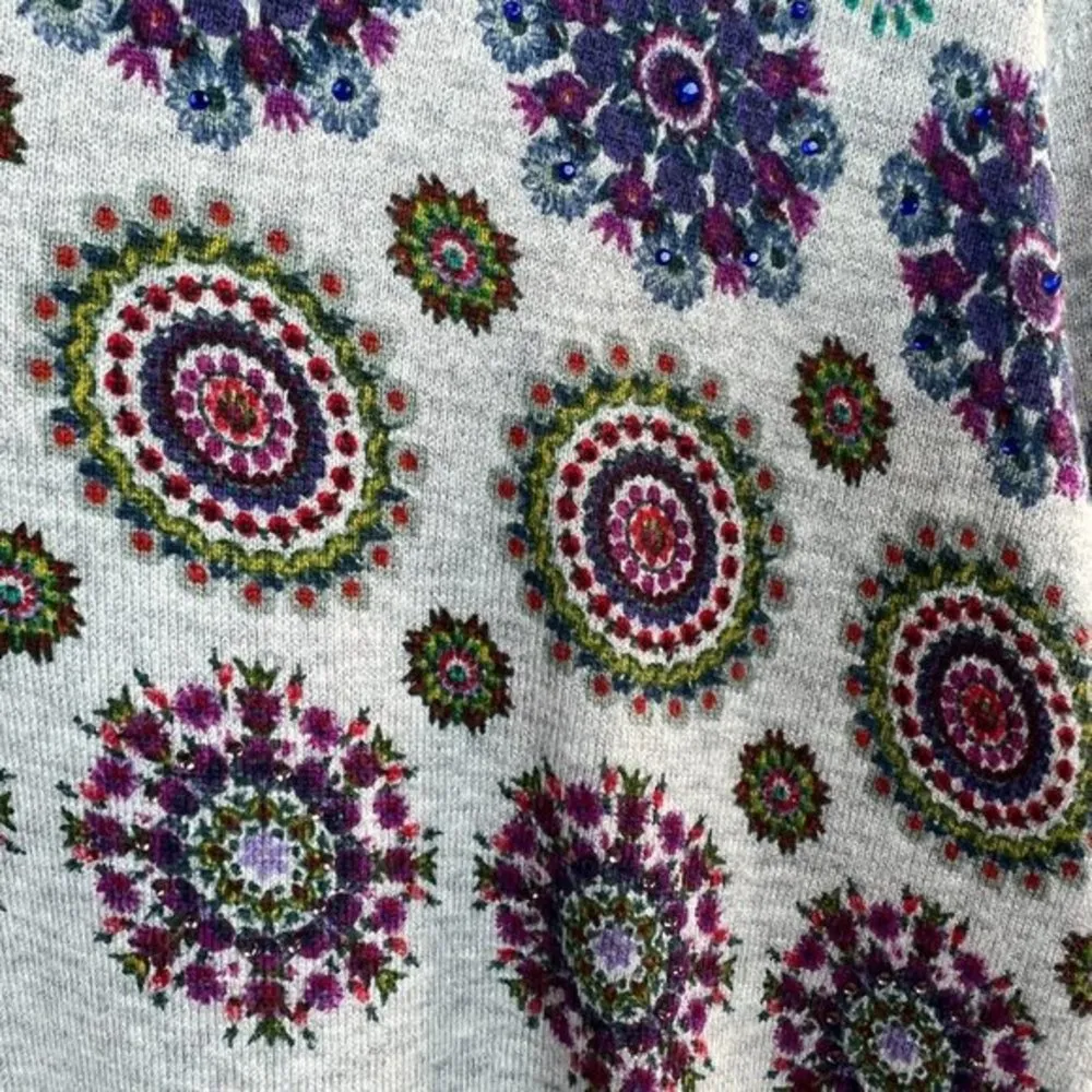Desigual Sweater Small Gray Floral Medallion Rhinestone Long Sleeve V-Neck Women - Image 7