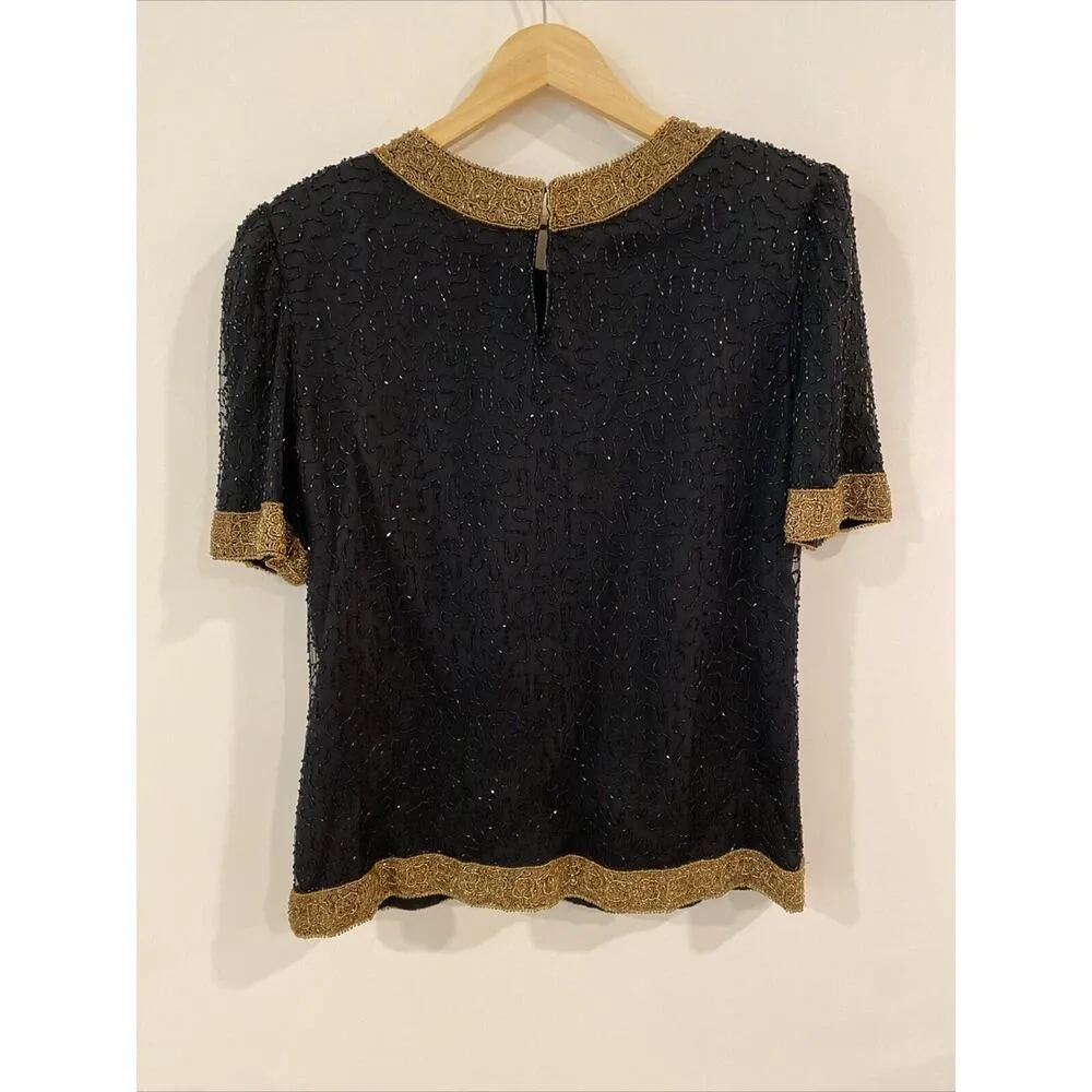 Laurence Kazar Vintage 100% Silk Lurex Fully Beaded Blouse Size Large Black Gold - Image 3