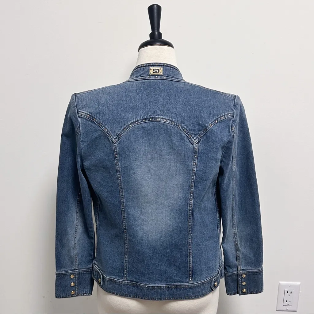 St John Sport Denim Medium Wash Rhinestones Gold Monogram Buttons Jacket Small - Image 5