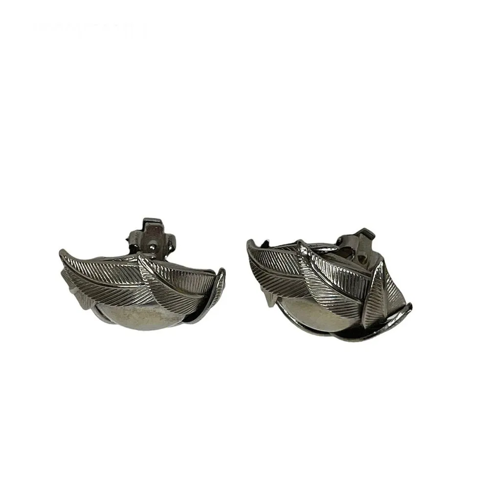 Vintage Silver Tone Round Ball Leaf Clip‎ On Earrings Costume Jewelry Retro - Image 3